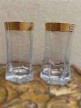 Set Of 2 Versace? Medusa Clear Textured Glass Tumblers W/Gold Greek Key Rim